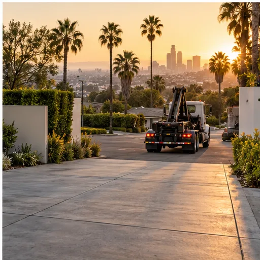 Roll-off truck leaving a clear Los Angeles driveway