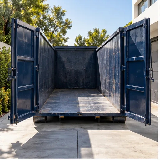 Open rear doors on a large roll-off dumpster